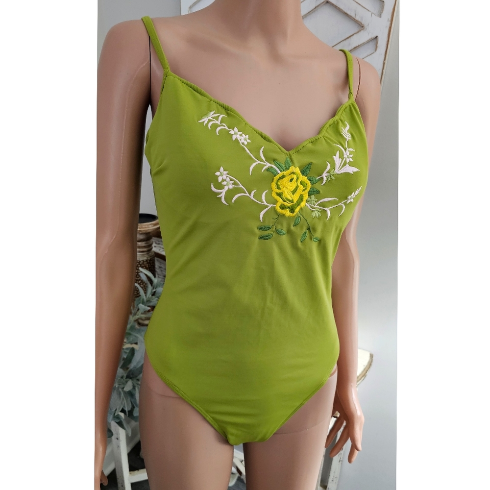 Vintage 80s Green One Piece Swimsuit by Sun Streak Newport News